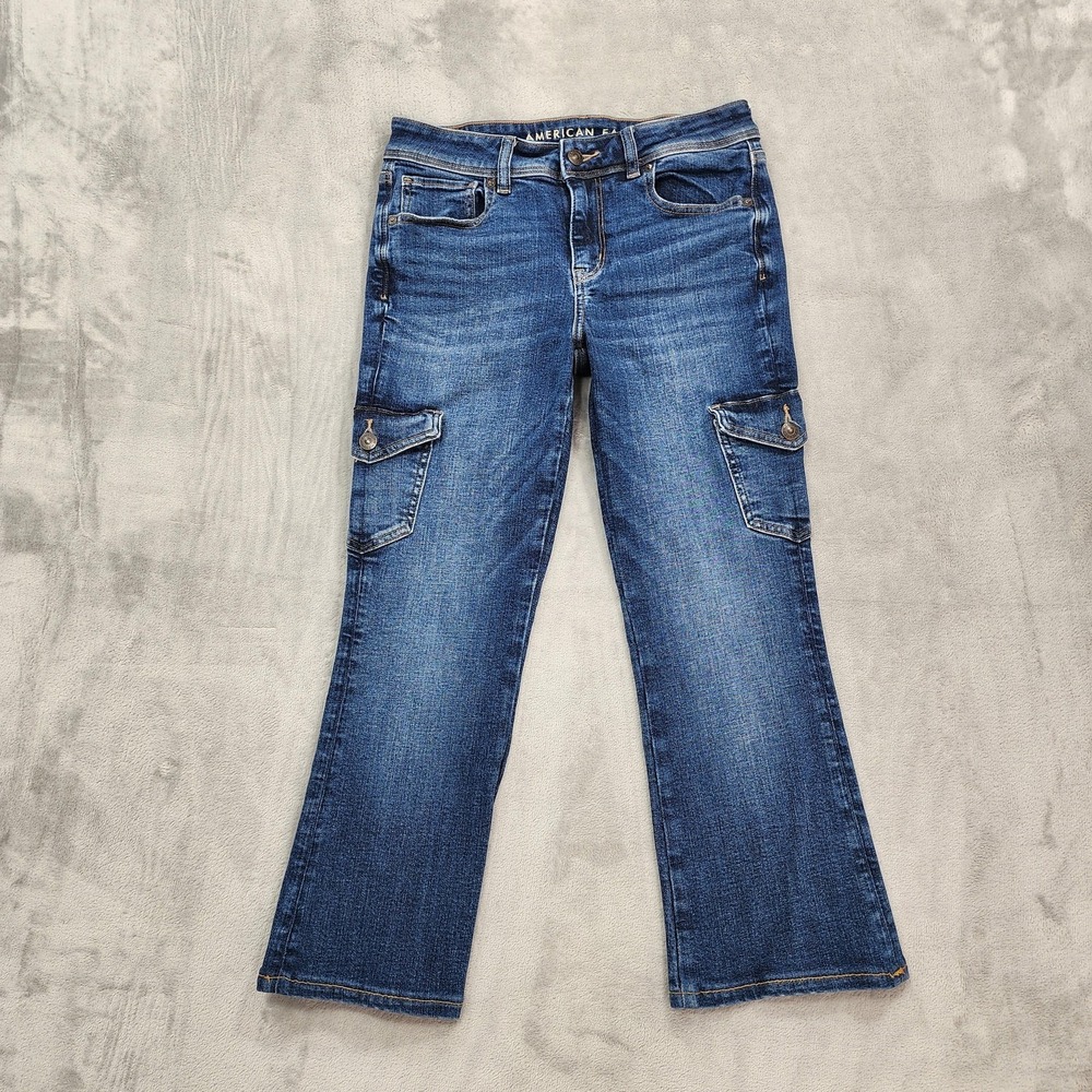 American‎ Eagle Jeans Womens 6 Blue Mid Rise Kick Boot Cargo Flare Stretch Denim